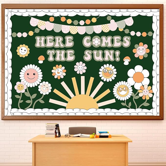 Epakh Here Comes The Sun Bulletin Board Set Sun Flowers Classroom Decorations Boho Daisy Paper Cutouts with Borders for Door Wall Back to School Party Supplies