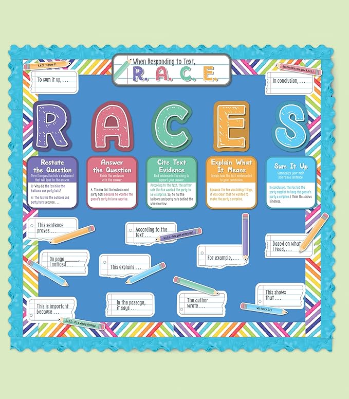 Carson Dellosa 37-Piece Races Writing Process Bulletin Board Decorations Set, Pencil Cutouts, Sentence Strips, and Strategy Charts, ELA Classroom Decor and Teacher Supplies