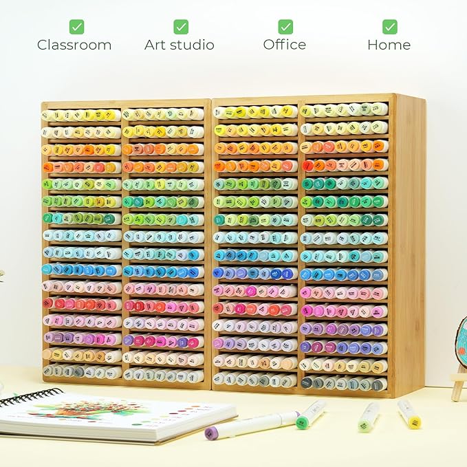 Ohuhu Bamboo Marker Organizer, Desktop Storage Hold 224 Markers for Honolulu Oahu Series of Ohuhu Markers, Pens Pencils Stationary Organizer Holder with 32 Compartments for Classroom Office Decor