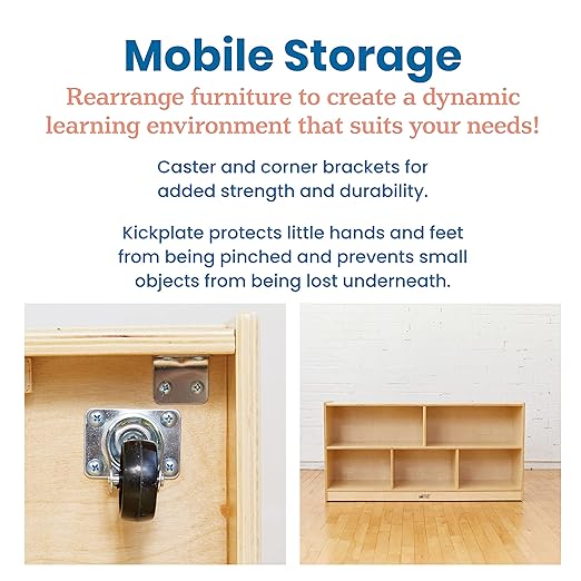ECR4Kids 5-Compartment Mobile Storage Cabinet, Toddler, Classroom Furniture, Natural