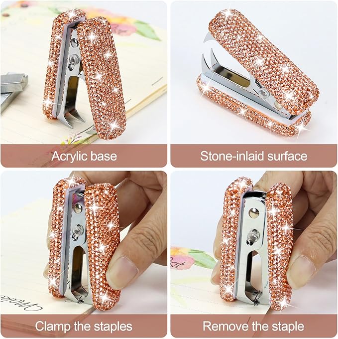 Multibey Arylic Staples Remover, Rhinestone Handmade Crystal Staple Removal Tool Staple Puller Metal Jaws Stationery, Dazzling Bling Office Desk Accessory for Office School and Home (Champagne Gold)