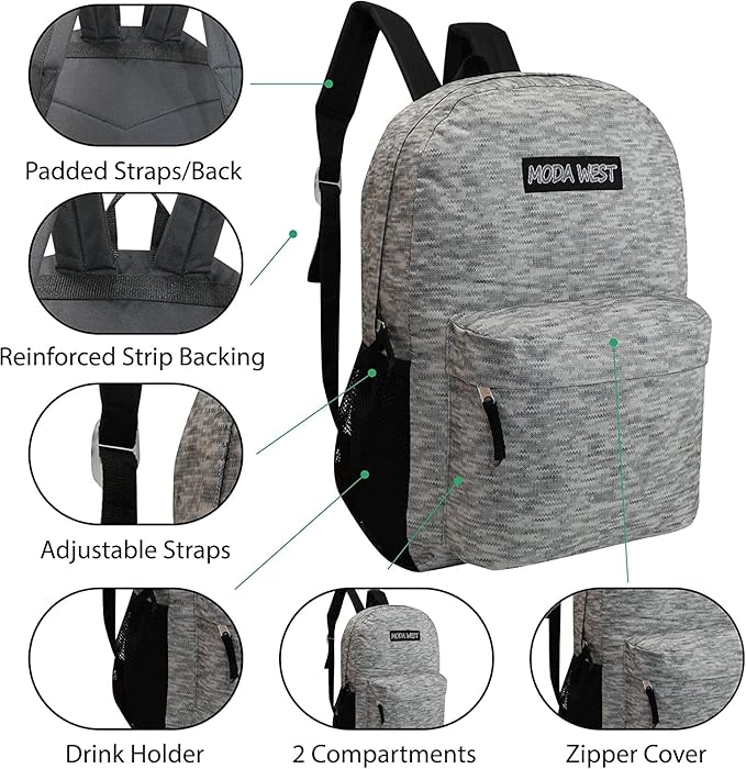 12-Pack 17” Sport Backpacks with 18 Piece School Supplies Kits - Pens, Pencils, Crayons – Bulk Bundle for Elementary, Middle, and High School Students, 12 Assorted Styles