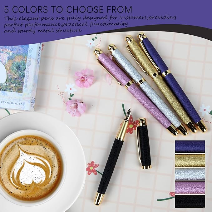 fountain pen-Multiple color styles with rhinestone,diamond inlay and frosted finish,Cute pens,Luxury pen,Office pens,Best pen set,Includes 10 Ink Cartridges and Ink Refill Converter(Black)