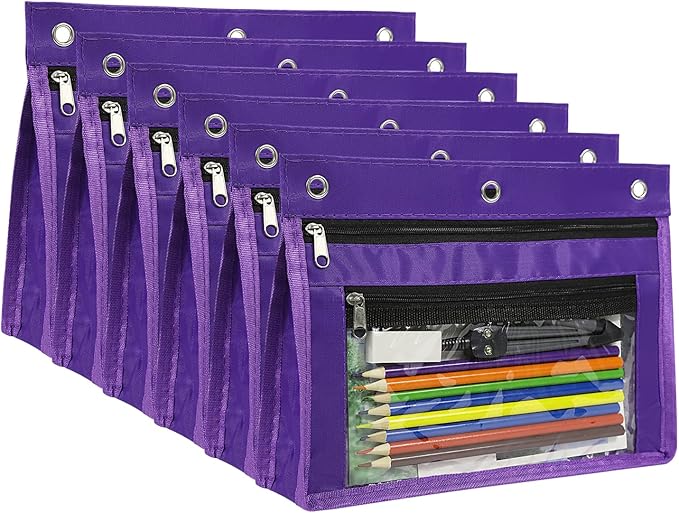 YoeeJob 6 Pack 1 Inch Expandable Zipper Pencil Pouches with Clear Window for 3 Ring Binder, Suitable for School & Office(Purple)