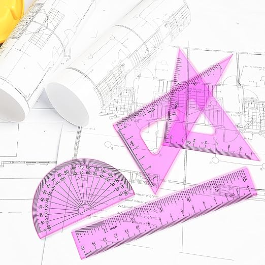 Coopay 6 Inch Math Geometry Tool Plastic Ruler Square Set Includes Straight Ruler, Triangles, Protractor for Student School Office Supplies (Pinkish-Purple)