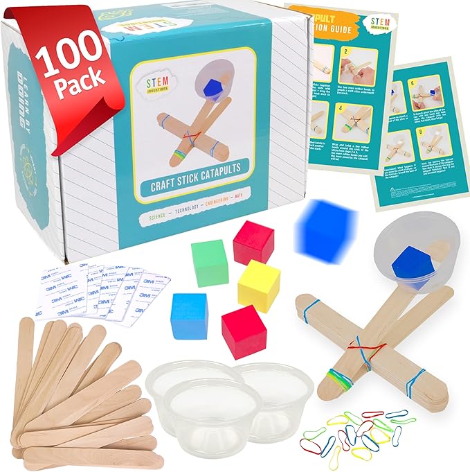 Catapults Kit – Supplies to Build 100 Mini Toy Catapults - Complete Bulk STEM Project Kit for Kids and Classrooms, Ages 8 and up