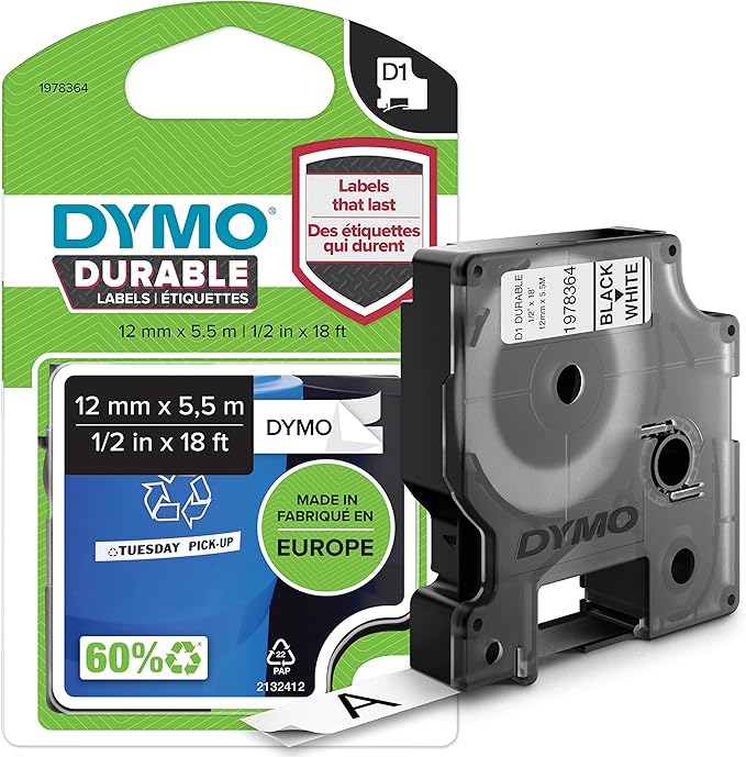 DYMO D1 Durable Labeling Tape for LabelManager Label Makers Black Print on White Tape 1/2" W x 18' L 1 Cartridge