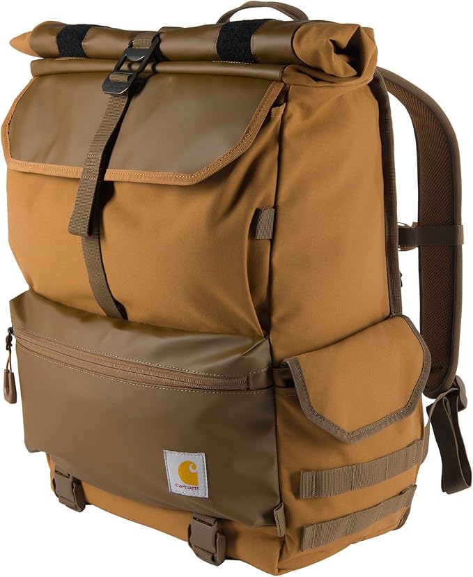 Carhartt 40L Nylon Roll Top Backpack, Heavy-Duty Water-Resistant Material W/ 17" Laptop Sleeve, Carhartt Brown