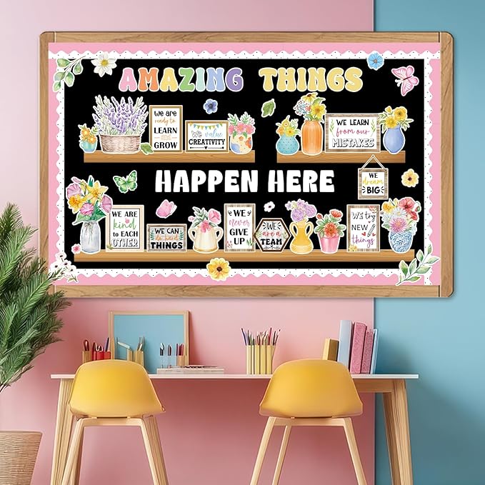 74pcs Spring Bulletin Board Decorations Set Flower Bookshelf Bulletin Board Amazing Things Happen Here Paper Cutouts Floral Cards Motivational Cutout Classroom Decor for Classroom School Offices