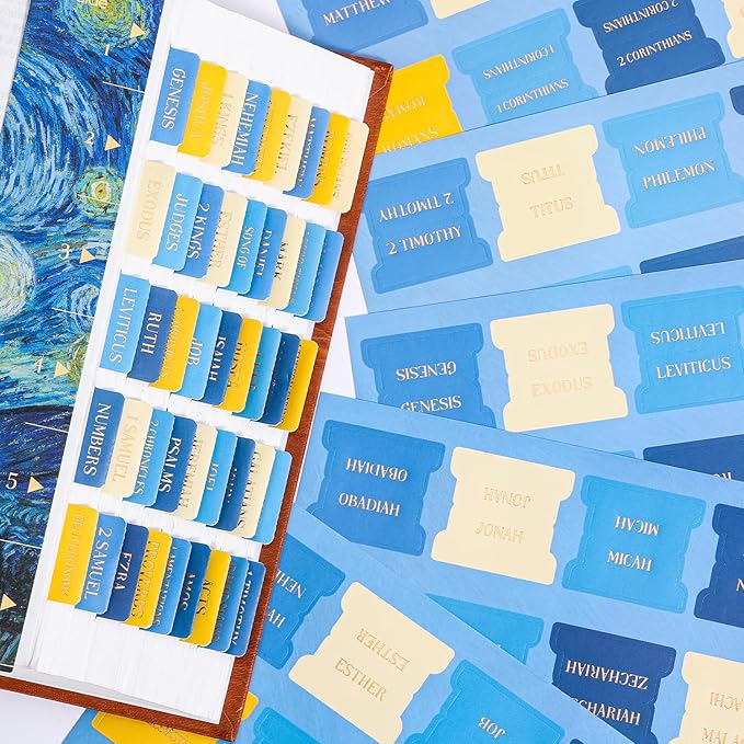 Starry Night Bible Tabs, Van Gogh Inspired 105 Pcs Gold Foil Index Tabs with Ruler - 66 Books & 39 Blank DIY Stickers, Bible Journaling Supplies, Artistic Bible Accessories Gift Set for Women and Men