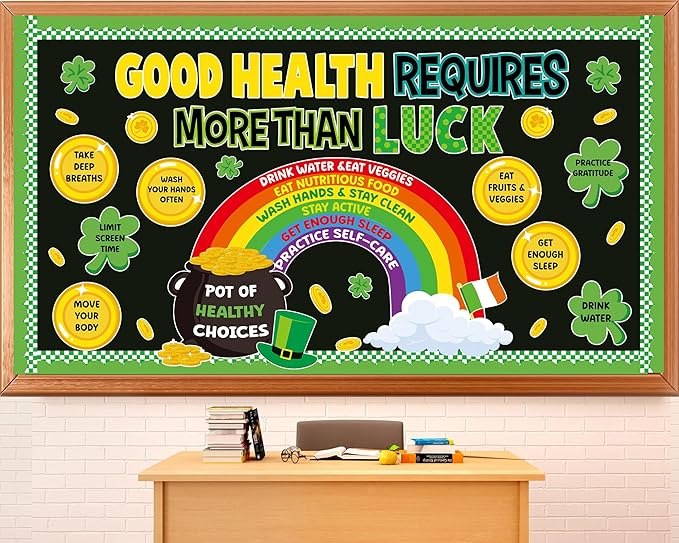 St. Patrick's Day Health Bulletin Board Lucky Shamrock Bulletin Board Decorations Rainbow Gold Coin Paper Cutouts for St. Patrick Party Supplies Home Classroom Chalkboard Wall Door Window Decoration