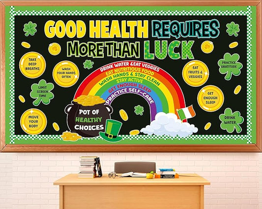 St. Patrick's Day Health Bulletin Board Lucky Shamrock Bulletin Board Decorations Rainbow Gold Coin Paper Cutouts for St. Patrick Party Supplies Home Classroom Chalkboard Wall Door Window Decoration