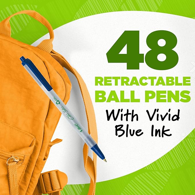 BIC Ecolutions Clic Stic Blue Ballpoint Pens, Medium Point (1.0mm), 48-Count Pack, Retractable Ball Point Pens Made from 78% Recycled Plastic