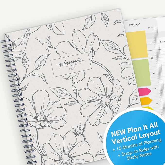 Blue Sky 15 Month 2026 Weekly and Monthly Planner Calendar, October 2025 - December 2026, 7" x 9", Flexible Cover, Durable Twin Wire Binding, Laminated Tabs, Includes Ruler & Sticky Notes, Wren