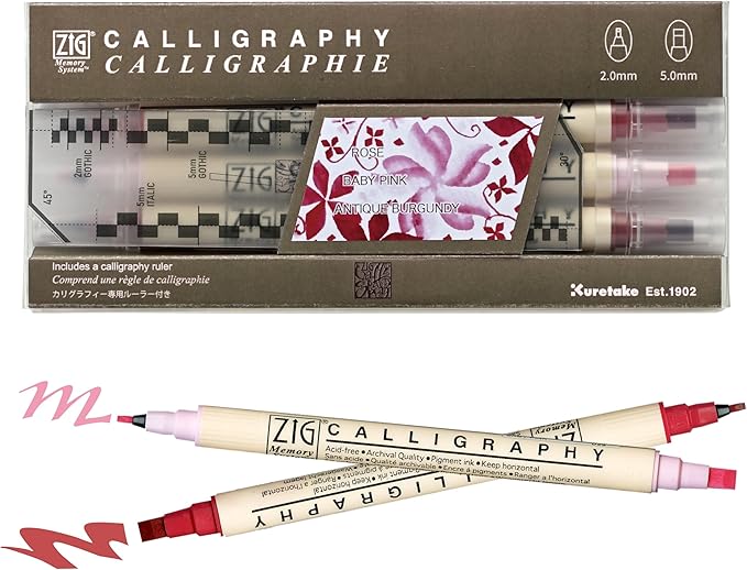 Kuretake Zig Calligraphy Dual Tip Marker Pens 3 colors set, RosePink, 2mm, 5mm, Double Tip, for Art, Sketch, illustration, Calligraphy, Journal, Drawing, Made in Japan
