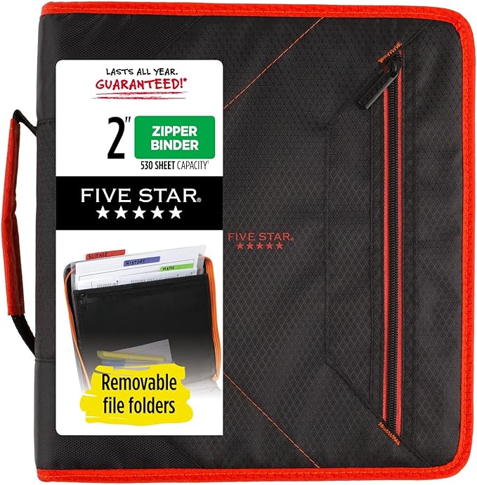 Five Star Zipper Binder, 2 Inch 3-Ring Binder with Removable File Folders, 530 Sheet Capacity, Red/Black (29036CE8)
