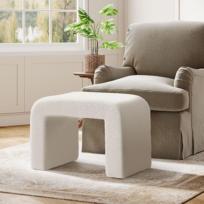 Tribesigns Foot Rest for Couch, Modern Faux Sherpa Ottoman Foot Stool, Large Boucle Vanity Stool Chair, Arched Shoe Bench or Entryway, Upholstered Extra Seating for Living Room, Fully Assembled, White