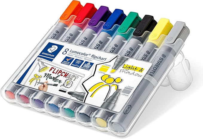 STAEDTLER Lumocolor Flipchart Marker: Set of 8, Assorted Colors, Bullet Tip 2.0mm & Chisel Tip 5.0mm - Ideal for Paper, Non-Bleed, Quick Dry & Low-Odor - For Home, School & Office