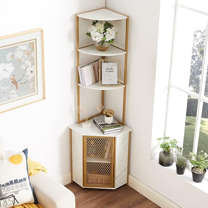 VECELO Corner Cabinet, Tall Storage Shelf, Bookshelf Display Shelves Rack for Living Room, Kitchen, Balcony, Small Space