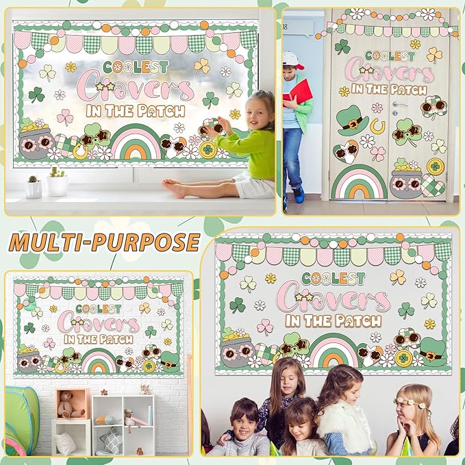 St. Patrick's Day Bulletin Board Decoration Boho Hippie Groovy Classroom Bulletin Board Set Lucky Shamrock Clover Rainbow Daisy Flower Paper Cutouts for Irish Holiday School Chalkboard Wall Door Decor