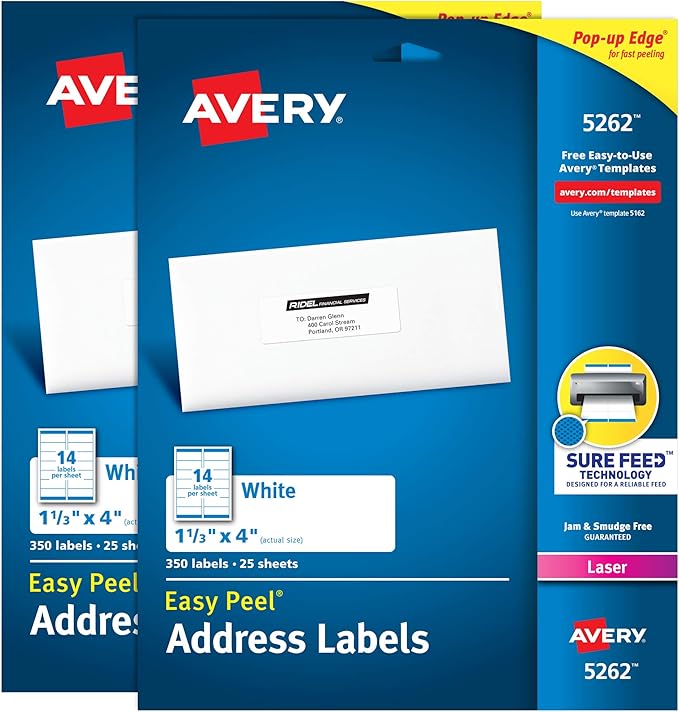 Avery Printable Easy Peel Address Labels, 1-1/3" x 4", Sure Feed, White, 2 Pack, 700 Labels Total (5642)