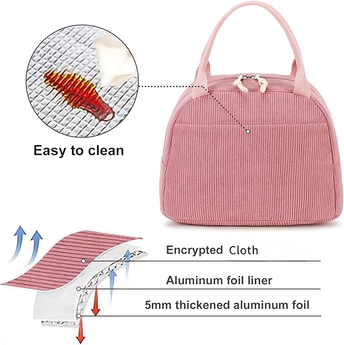 LEDAOU Lunch Box for Women Insulated Lunch Bag Corduroy Lunch Tote Bags Leakproof Cooler Lunch Case for Travel Work Picnic