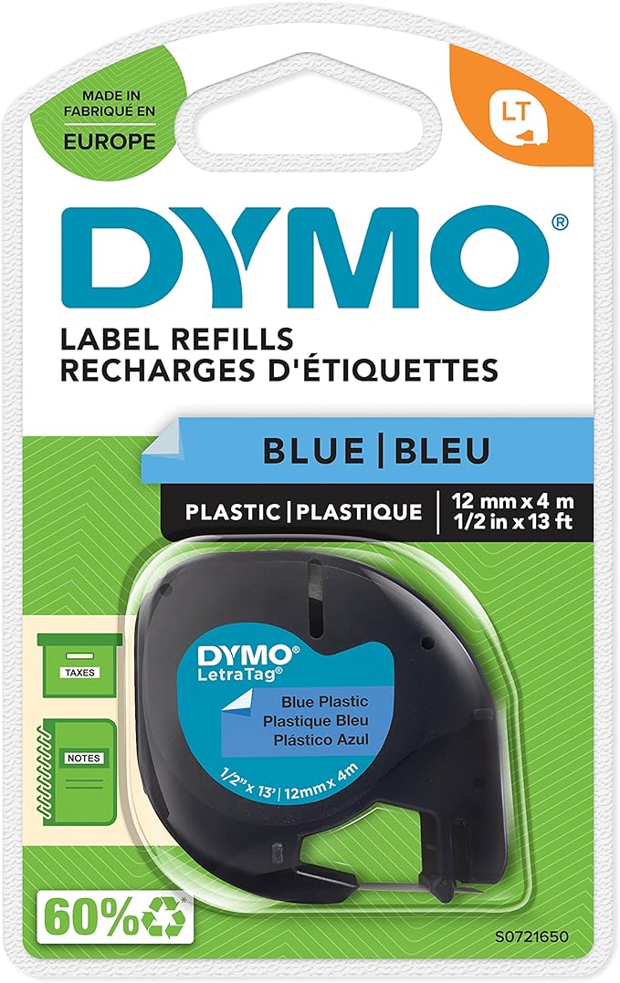 DYMO Authentic LT Plastic Labels | 12mm x 4m Roll | Black Print on Blue Labels | for LetraTag Label Makers