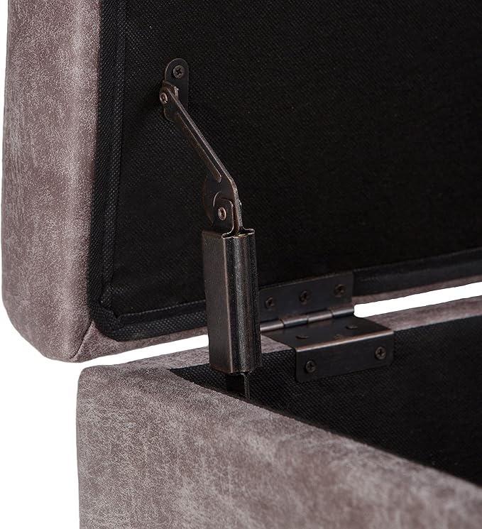 SIMPLIHOME Owen Coffee Table Storage Ottoman - 34 inch Wide Upholstered Vegan Leather Rectangular Lift-Top Ottoman in Distressed Grey Taupe, Mid-Century Modern Bench for Living Room with Tapered Legs