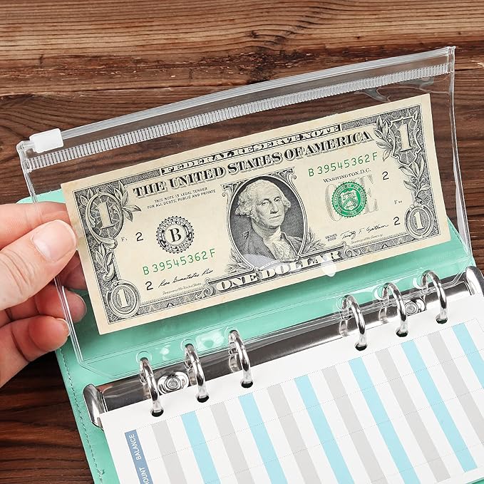 60pcs Binder Pockets 6 Holes Zipper Folders Transparent PVC Card Loose Leaf Bags Cash Envelopes for Budgeting Binder Waterproof Document Filing Bags for 6 Ring Notebook Planner Inserts