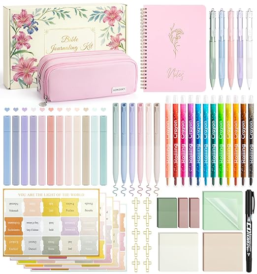 59Pcs Bible Study Supplies, Bible Journaling Kit for Women, Pink Pencil Case, 12 Pastel No Bleed Highlighters and 6 Colored Pens, Bible Tabs and More, Book Annotation Kit for Women & Men (Pink)