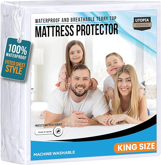 Utopia Bedding Waterproof Mattress Protector King Size, Premium 200 GSM Terry Mattress Cover, Soft & Breathable Bed Cover, Fitted Sheet Style with Stretchable Deep Pockets 17" (White)