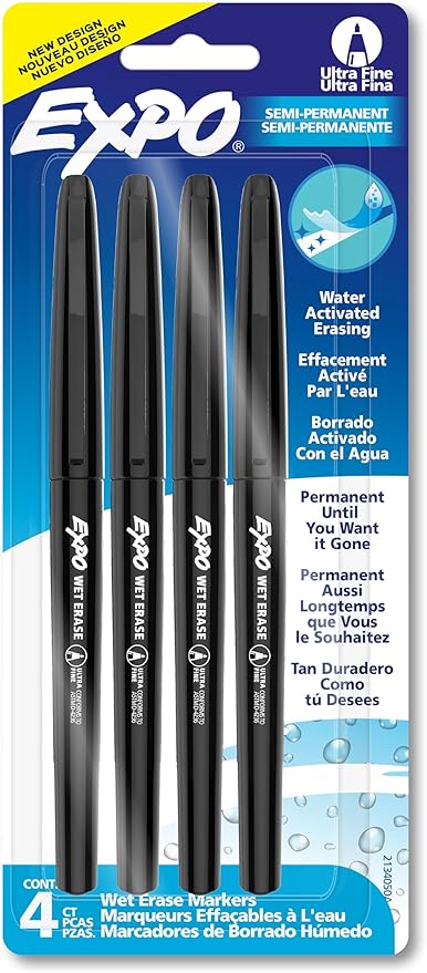 EXPO Wet Erase Markers, Semi-Permanent Overhead Transparency Markers, Black, Ultra Fine Tip, 4 Count