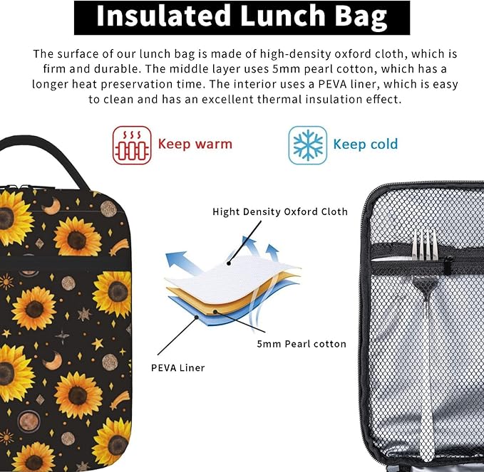 Sunflower Insulated Lunch Bag,Kids Lunch Box For Girls Boys Teen,Kid Lunch Box Containers Cooler Bag With Front Pocket For Women Men,Reusable Lunch Tote Bag Lunchbox For School/Work/Picnic/Office