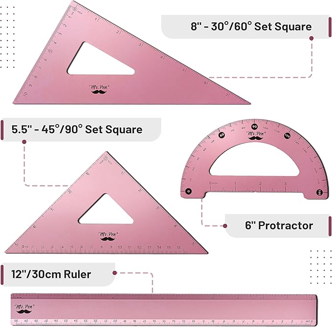 Mr. Pen- Geometry Set, 4 Pack, Light Pink, Metal Geometry Kit, Triangle Ruler, Metal Ruler, Drafting Triangles, Metal Protractor, Metal Set Square, Drafting Ruler, Drafting Set