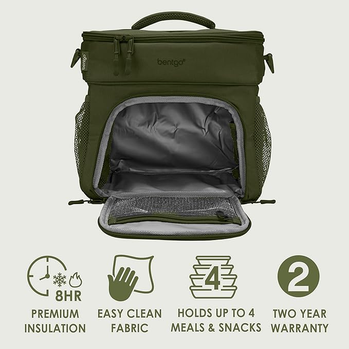 Bentgo Prep Deluxe Insulated Multimeal Bag - Lunch Box Bag, Holds 5 Meals, Premium Insulation up to 8 Hrs, Durable, Water-Resistant - Large Capacity For Adult Meal Prep (Olive Green)
