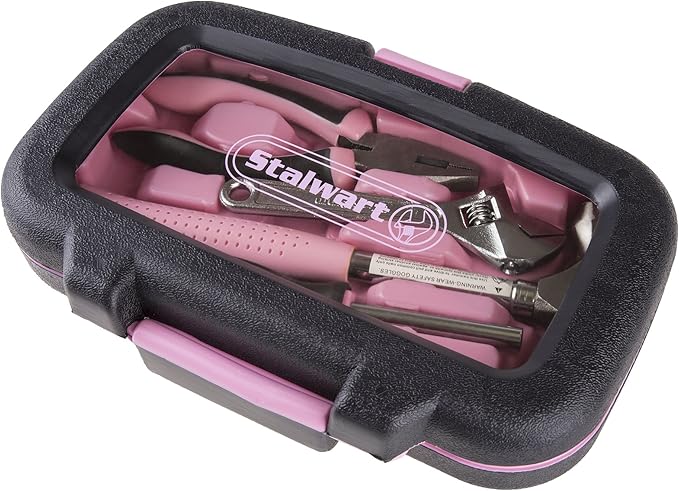 15-Piece Household Hand Tool Set with Carry Case – Tool Kit with Screwdrivers, Pliers, and Wrenches – Great for Home or Car by Stalwart (Pink)