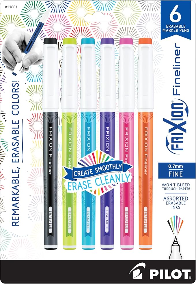 Pilot FriXion Fineliner Erasable Marker Pens, Fine Point 0.7 mm, Pack of 6, Vivid Colors, Erasable Pens - Ideal for School, Journaling, & Office Writing