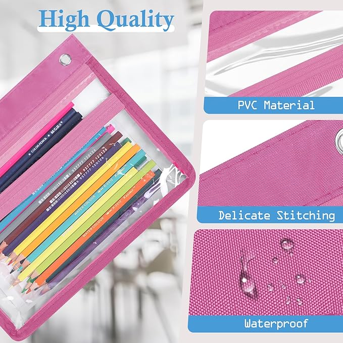 YoeeJob 6 Pack Zipper Pencil Pouches for 3 Ring Binder, 1.5 Inch Expandable with 2 Pockets and Clear Window for School and Office （Pink）