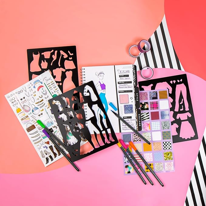 Fashion Angels Runway Fashion Graphic Journaling Set - Fashion Design Activity Journal with Markers, Stencils & Stickers - Teaches Basic Fashion Design - Beginners Fashion Sketch Pad for Kids 8 & Up