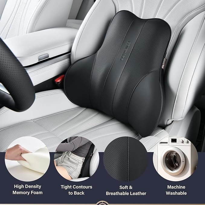 Coverado Lumbar Support Pillow for Car, Ergonomic Memory Foam Back Pillow for Office Chair, Back Cushion for Back Pain Relief, PU Leather Car Lumbar Support for Driving Seat - Black