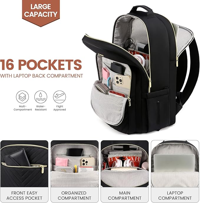 LOVEVOOK Laptop Backpack for Women 15.6 inch,Cute Womens Travel Backpack Purse,Professional Laptop Computer Bag,Waterproof Work Business College Teacher Bags Carry on Backpack with USB Port,Black