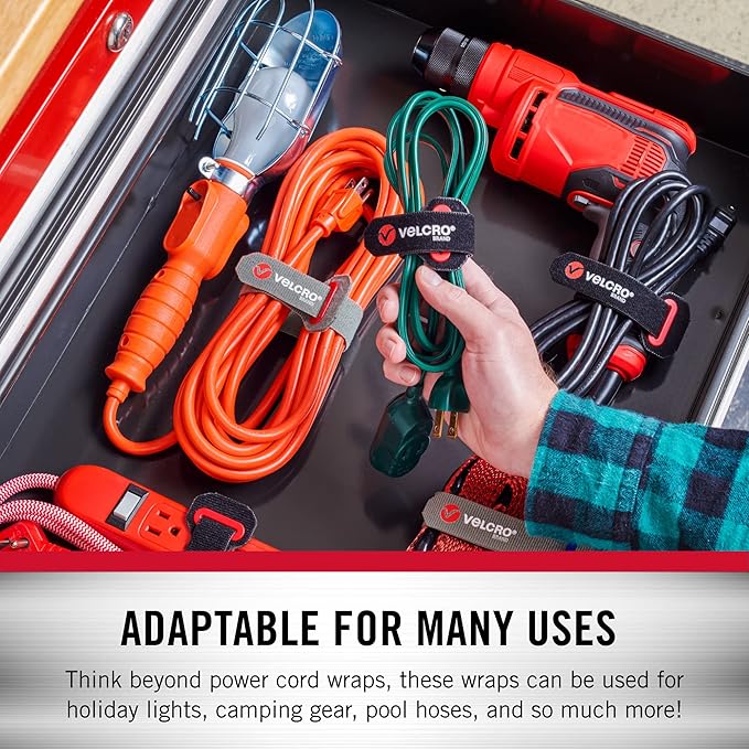 VELCRO Brand Power Cord Wraps | Heavy Duty Straps for Cords, Hoses, Garage or RV Organization | 6pc Multipack | 3 Sizes 12, 16 and 24 Inch | Black and Gray