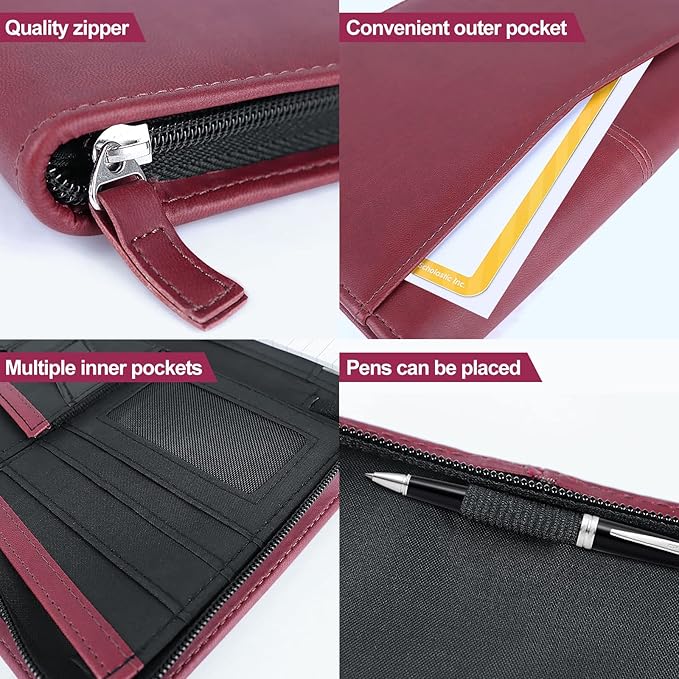 Godery Padfolio/Portfolio, Leather Zippered Padfolio Portfolio Binder 5 x 8 Legal Writing Pad, Professional Business Portfolio for Men & Women, Card Holder, Notepad Clipboard Holder (Red)