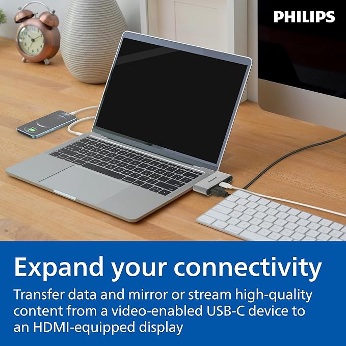 Philips USB-C Multiport Hub, with 4K HDMI Display, 10bps and 2 5Gbps USB-A Data Ports, 100 Watt Power delivery, Multi Device Connector, for Phone, Tablet or Laptop, Gray/Silver, SWL3303M/37