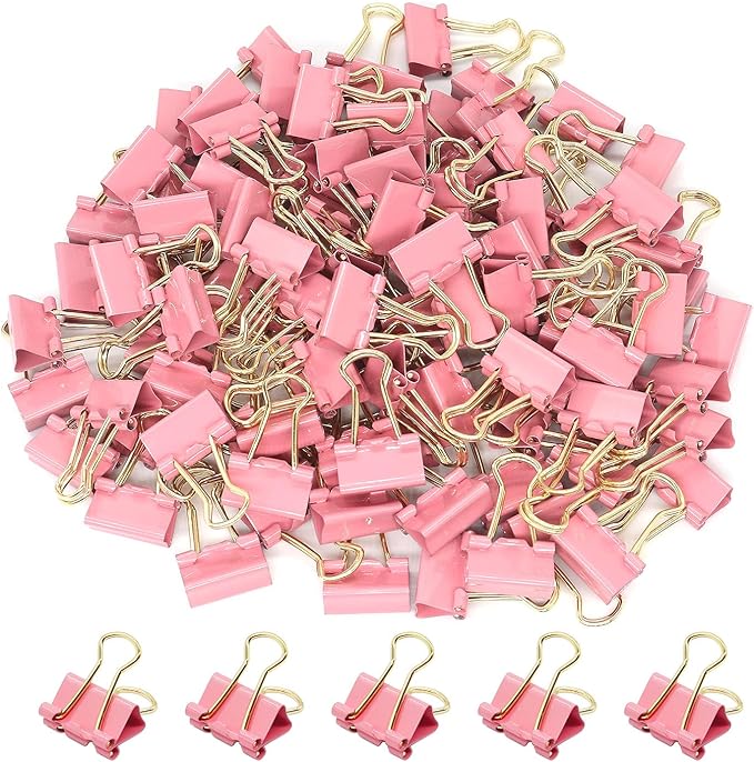 Pink Binder Clips, Gold Handles Mini Paper Clip, Small Paper Clamps 15mm (5/8 inch), 100 Pack Micro Size Office Clips for Home School and Business
