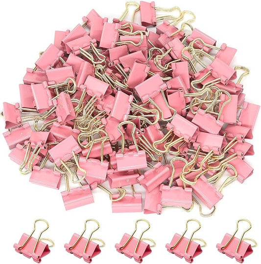 Pink Binder Clips, Gold Handles Mini Paper Clip, Small Paper Clamps 15mm (5/8 inch), 100 Pack Micro Size Office Clips for Home School and Business