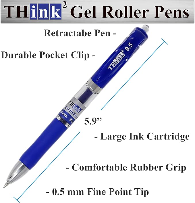 [24 Pens - Blue Ink] Think2 Retractable Gel Pens. (24 Blue) Fine Point (0.5mm) Rollerball Pens with Comfort Grip.
