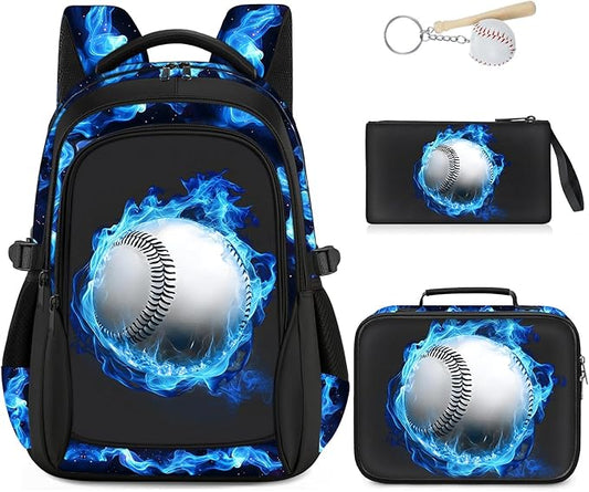 School Backpacks for Boys - 4pcs Baseball Boys Backpacks with Lunch Box Set for Kids Teens Elementary Middle School, 17″ Large Capacity Students Bookbag, Perfect for Travel