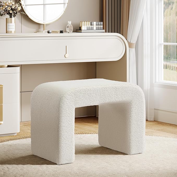 Tribesigns Foot Rest for Couch, Modern Faux Sherpa Ottoman Foot Stool, Large Boucle Vanity Stool Chair, Arched Shoe Bench or Entryway, Upholstered Extra Seating for Living Room, Fully Assembled, White