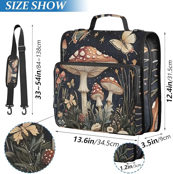 3 Ring Zipper Binder with Shoulder Strap Mushrooms Flowers Butterflies (2) 1.5 inch Binders Keeper Large Capacity Multi Pockets for School Office Supplies
